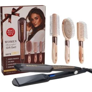 Ce pack de beauté ENZO Professional (modèle EN-3131) comprend un lisseur en céramique atteignant 1280°F et trois brosses